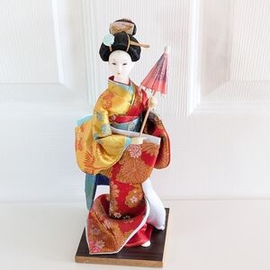 Japanese Geisha Doll Figurine – Kimono, Parasol, 10" Tall